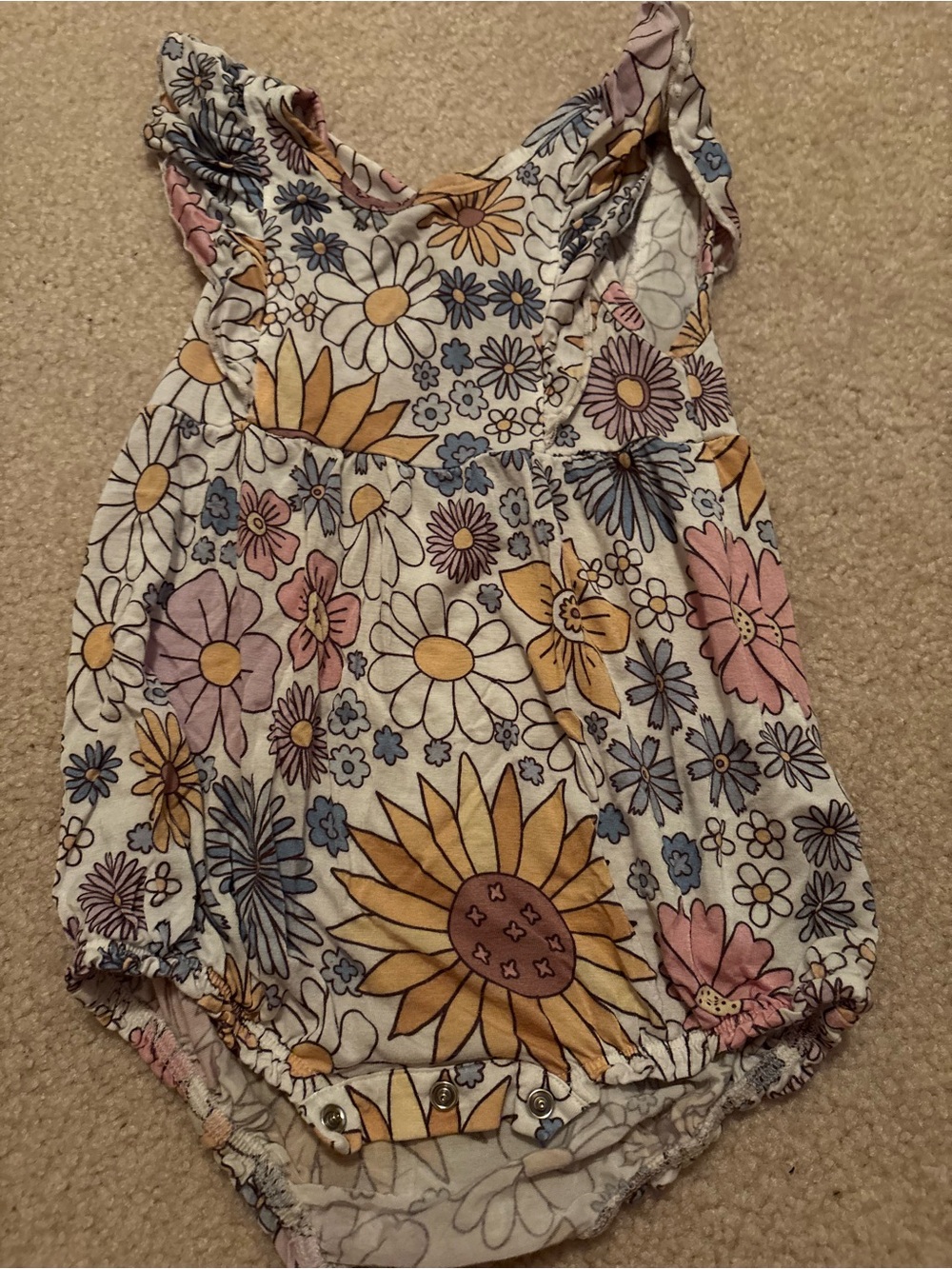 Posh Peanut Floral Ruffle Romper in Yellow, Pink & Blue